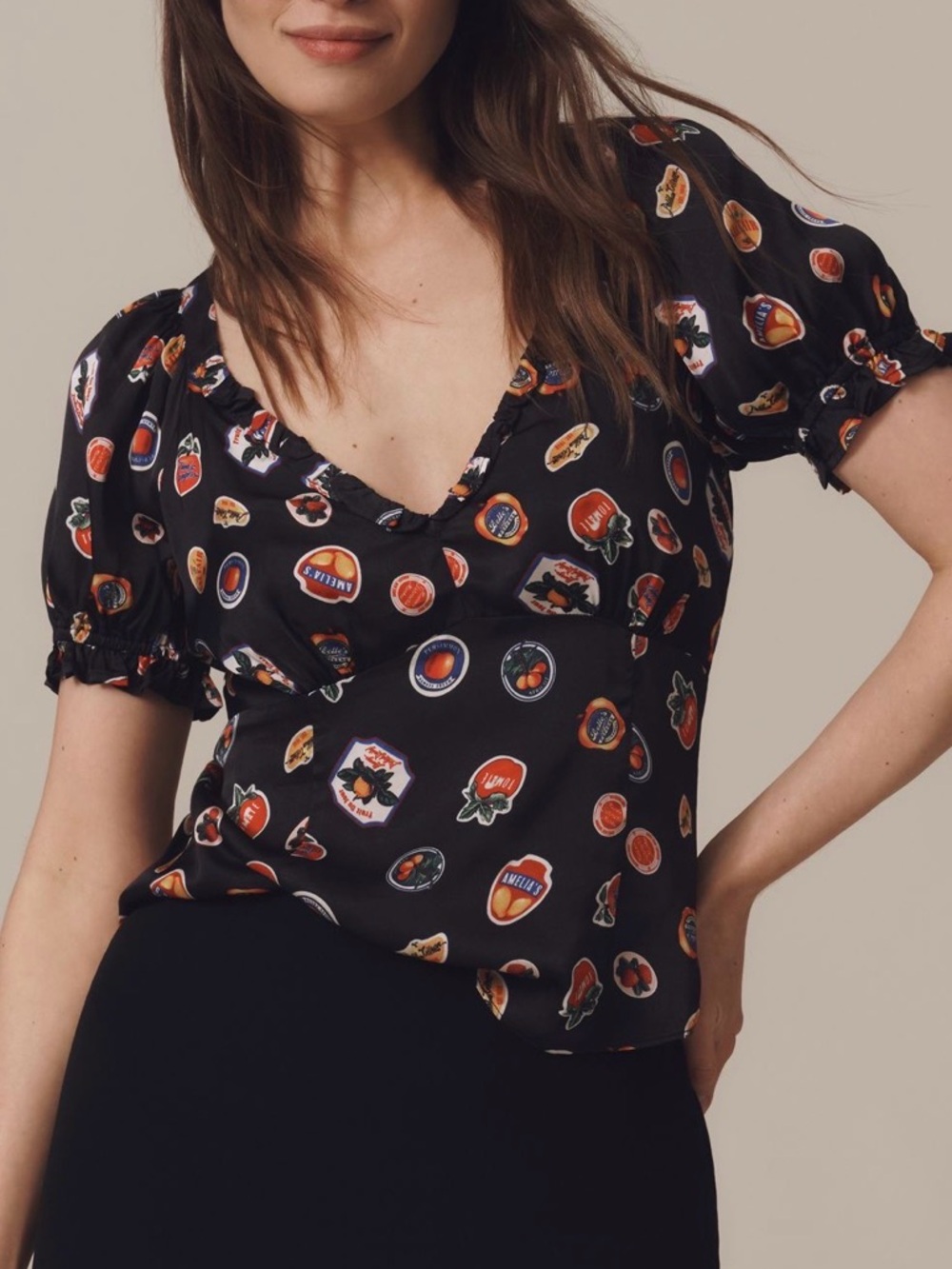 NWT Anthropologie Maeve Sz L Maeve Puff-Sleeve V neck Blouse Black Pattern